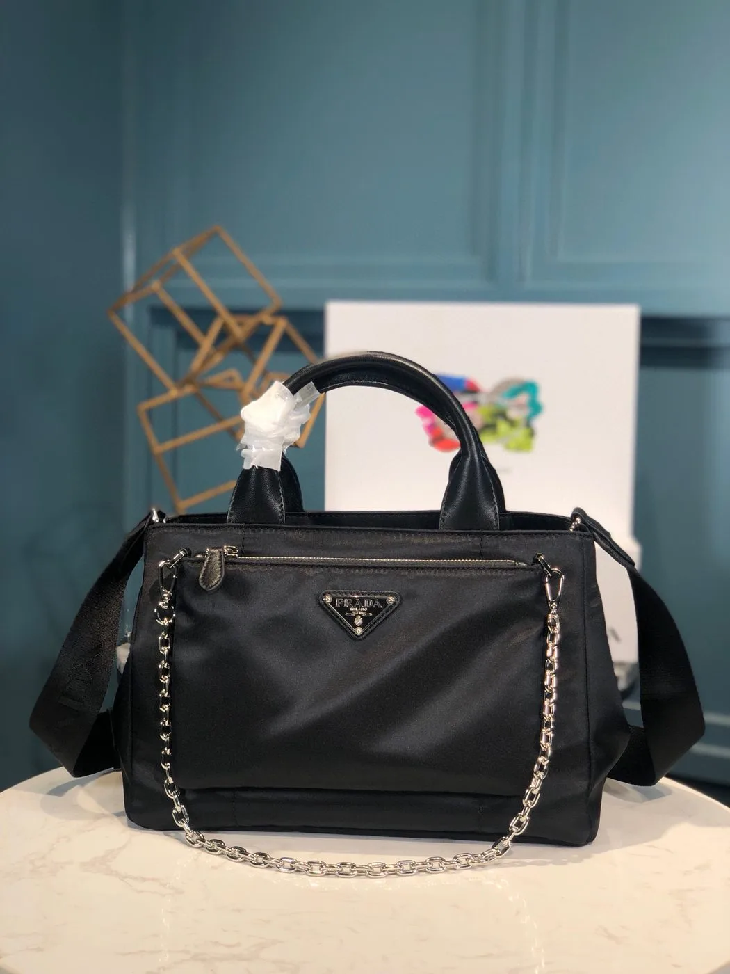 Prada Zip Pocket Chain Tote Bag Tessuto In Black / - Image 5