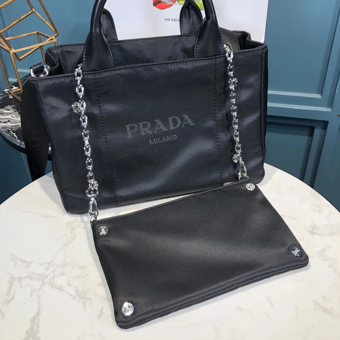 Prada Zip Pocket Chain Tote Bag Tessuto In Black / - Image 3