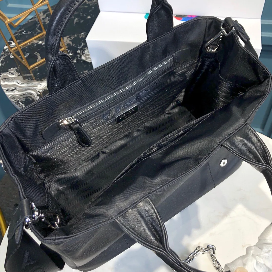 Prada Zip Pocket Chain Tote Bag Tessuto In Black / - Image 4